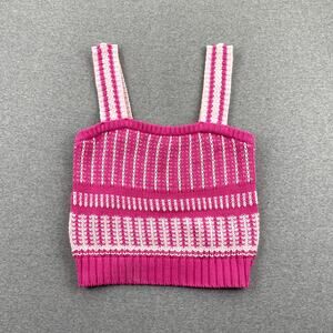 LUSH Striped Sweater Knit Tank Top Size L Fuchsia Pink Crochet Cotton Preppy